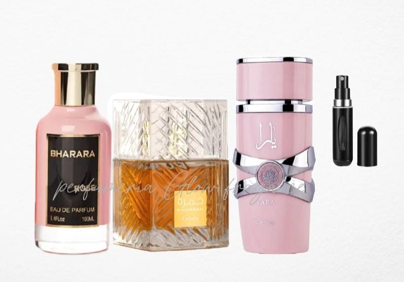 💥COMPRA 1 Y LLEVA 3💥PERFUMES YARA, BHARARA ROSE, KHAMRAH + UN PERFUMERO RECARGABLE DE REGALO🎁